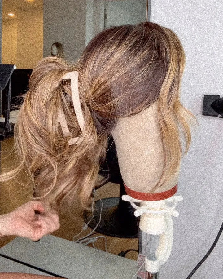 Bekawigs wig with balayage beach waves, lace top, styled in high ponytail with hair clip