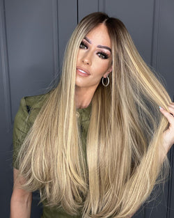 Long straight human hair wig with blonde balayage and money pieces, lace top for natural look