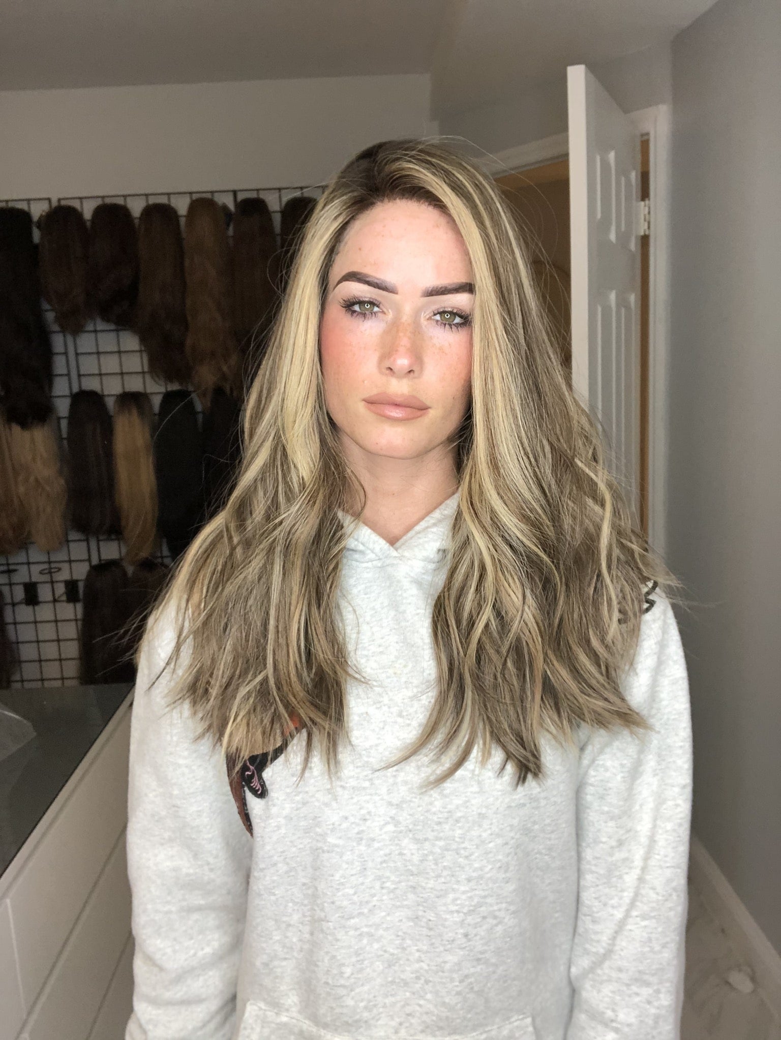 Blonde balayage human hair wig with beach waves, lace top, long layered style for natural look