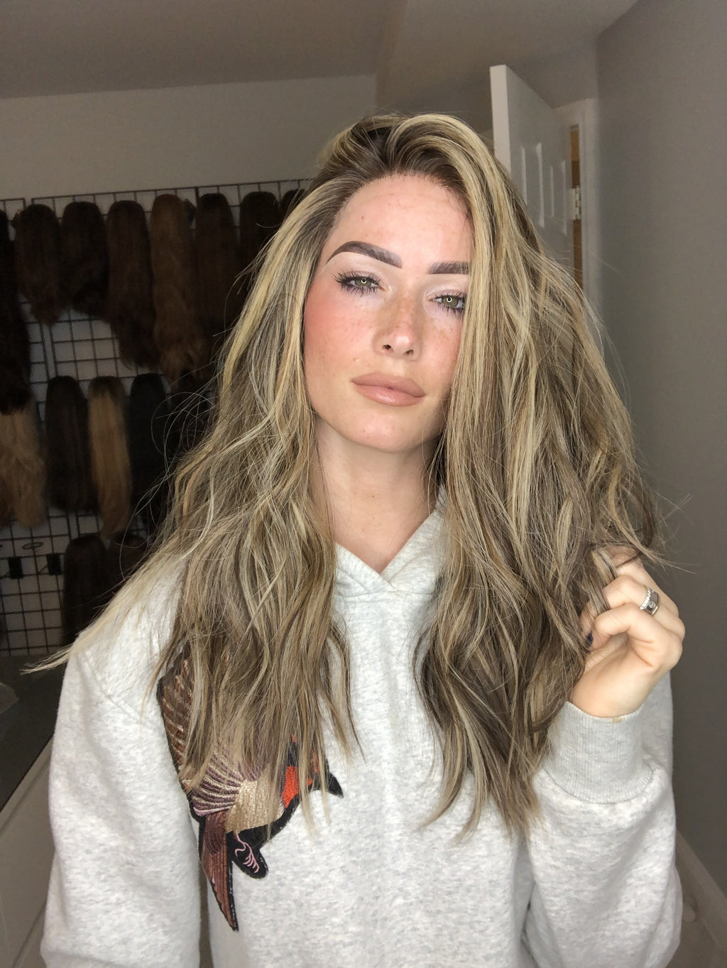 Long wavy human hair wig with balayage blonde highlights and money pieces, lace top for natural look
