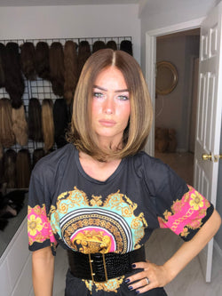 Bekawigs wig: straight medium-length human hair wig with balayage highlights and lace top, styled in a sleek bob